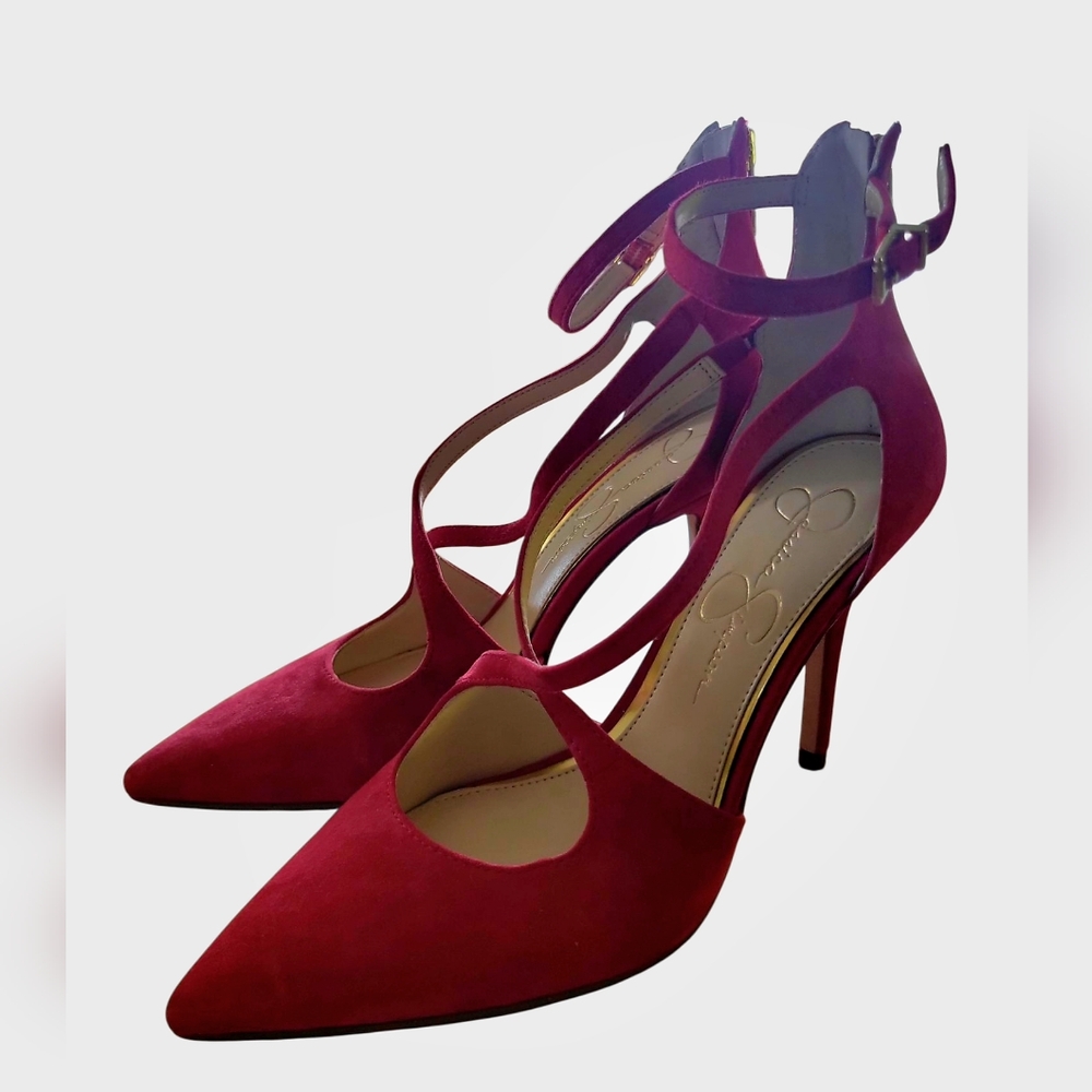 Jessica Simpson Red Wynnley Heels suede shoes strappy stilleto pumps Sz.8